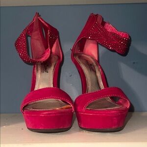 Anne Michelle Hot Pink Platform Ankle-Strap Heels with Stud Accents